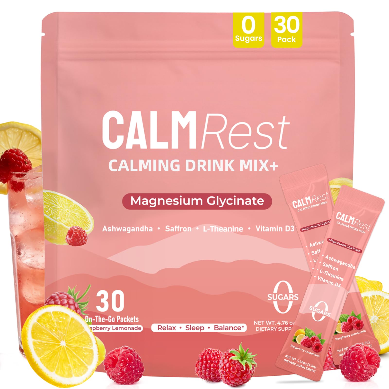 CalmRest Raspberry Lemonade powder packet shown for a calming daily ritual.