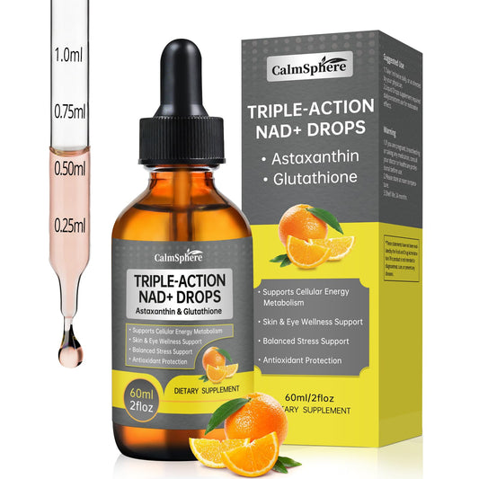 CalmSphere NADPlus drops bottle highlighting cellular energy support with citrus flavor.