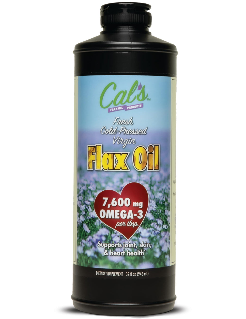 Cal's Flax Oil bottle with label highlights American flaxseed and omega-3 content