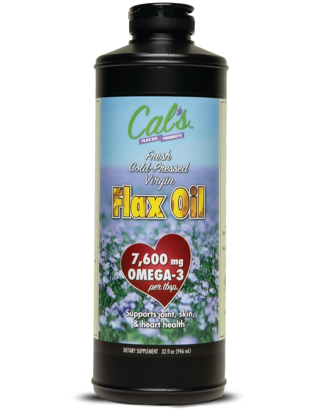 Cal's Flax Oil bottle with label highlights American flaxseed and omega-3 content