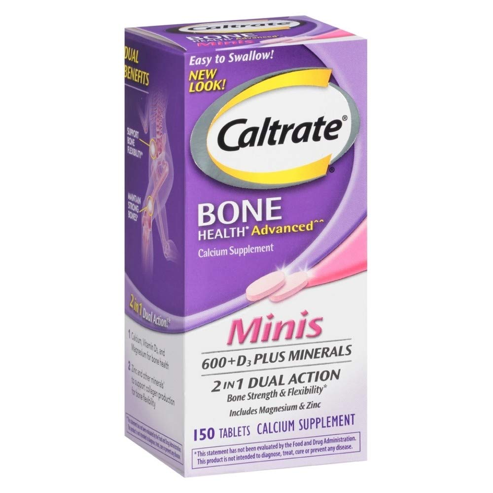 Caltrate 600+D3 Plus Minerals mini tablet bottle for easy calcium and vitamin D3 intake.