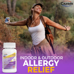 Camber Pharmaceuticals Camber 24 Hrs fexofenadine tablets closeup highlighting non-drowsy formula.