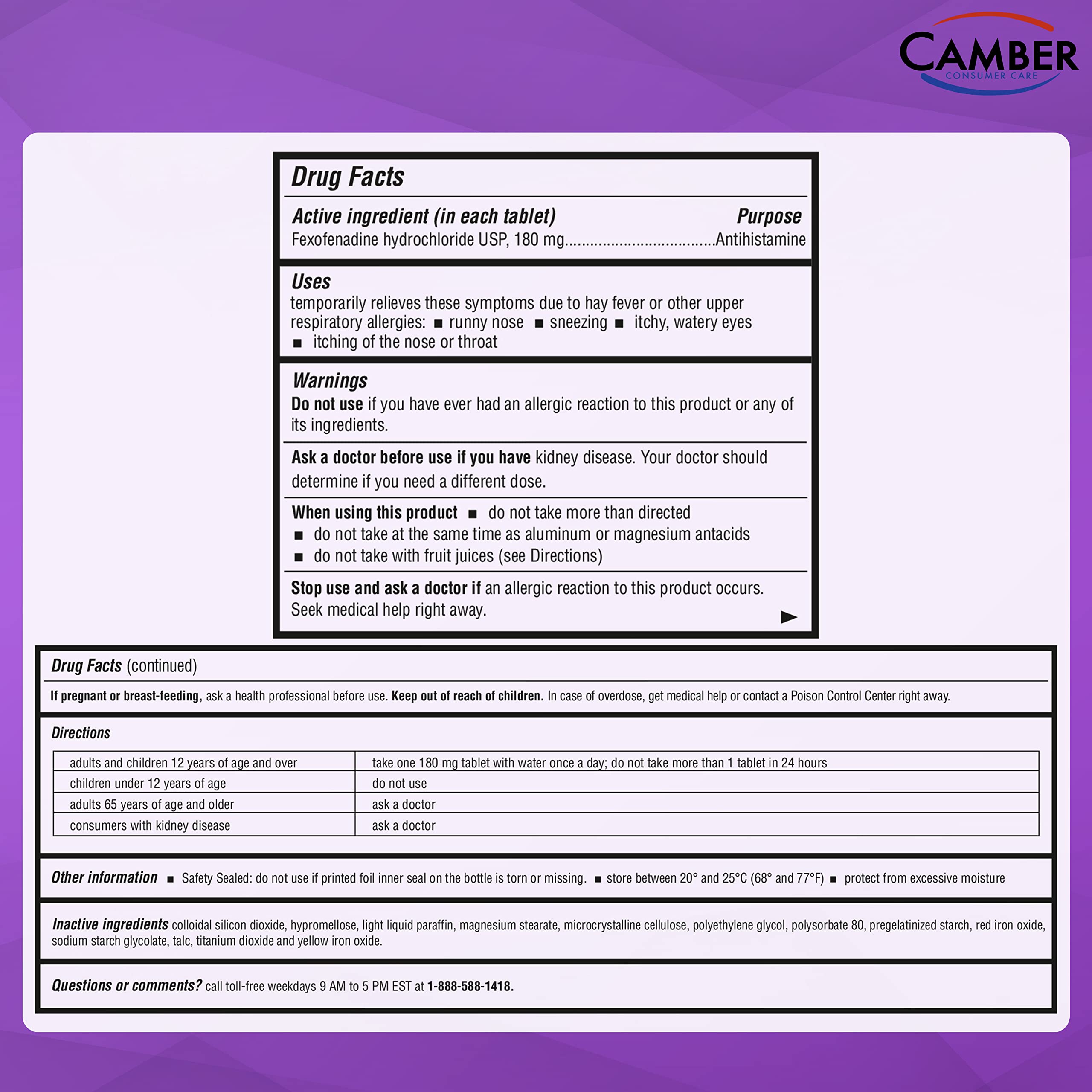 Camber Pharmaceuticals Camber 24 Hrs fexofenadine tablets arranged for daily use.