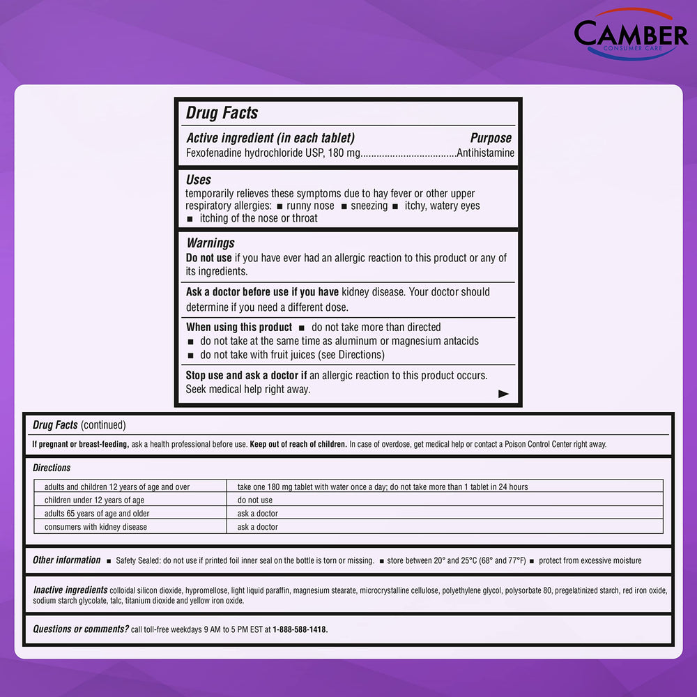 Camber Pharmaceuticals Camber 24 Hrs fexofenadine tablets arranged for daily use.