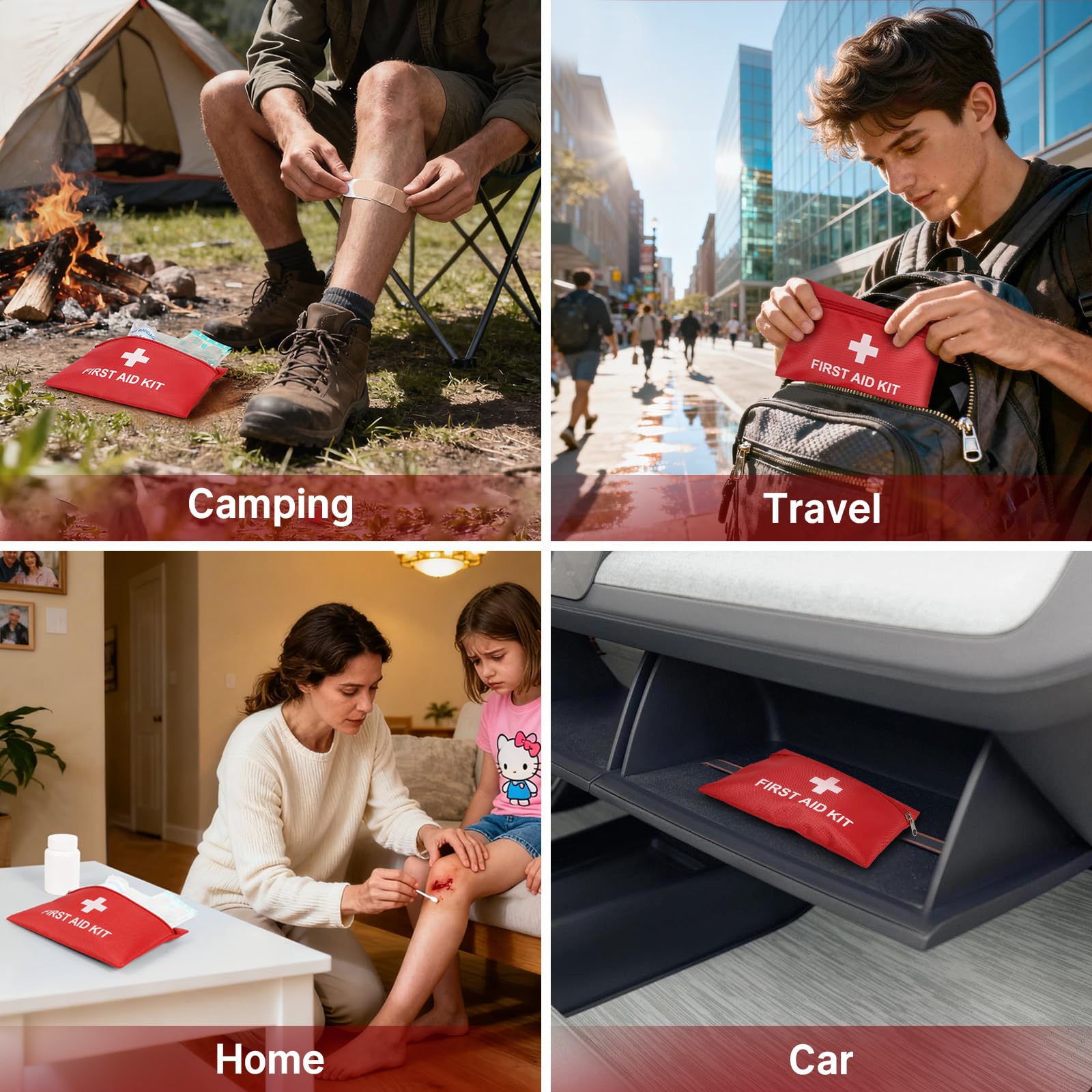 Camoredy red cross pouch aids quick identification during journeys.