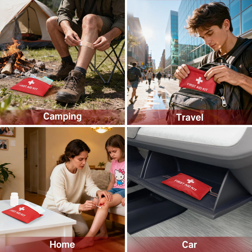 Camoredy red cross pouch aids quick identification during journeys.