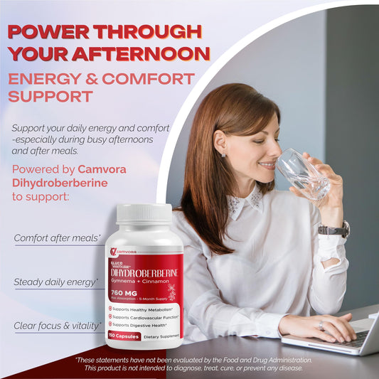 CAMVORA GlucoVantage capsules closeup highlighting high-bioavailability dihydroberberine