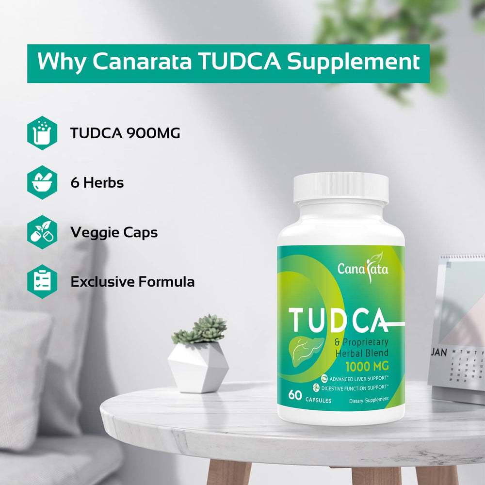 Canarata Tudca bottle on table ready for daily detox routine.
