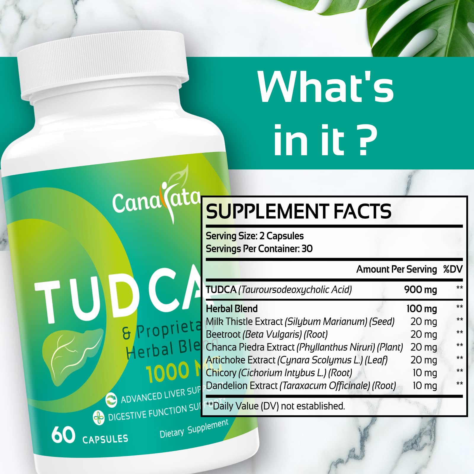Canarata Tudca capsules closeup highlighting vegan capsules and high-potency formula.