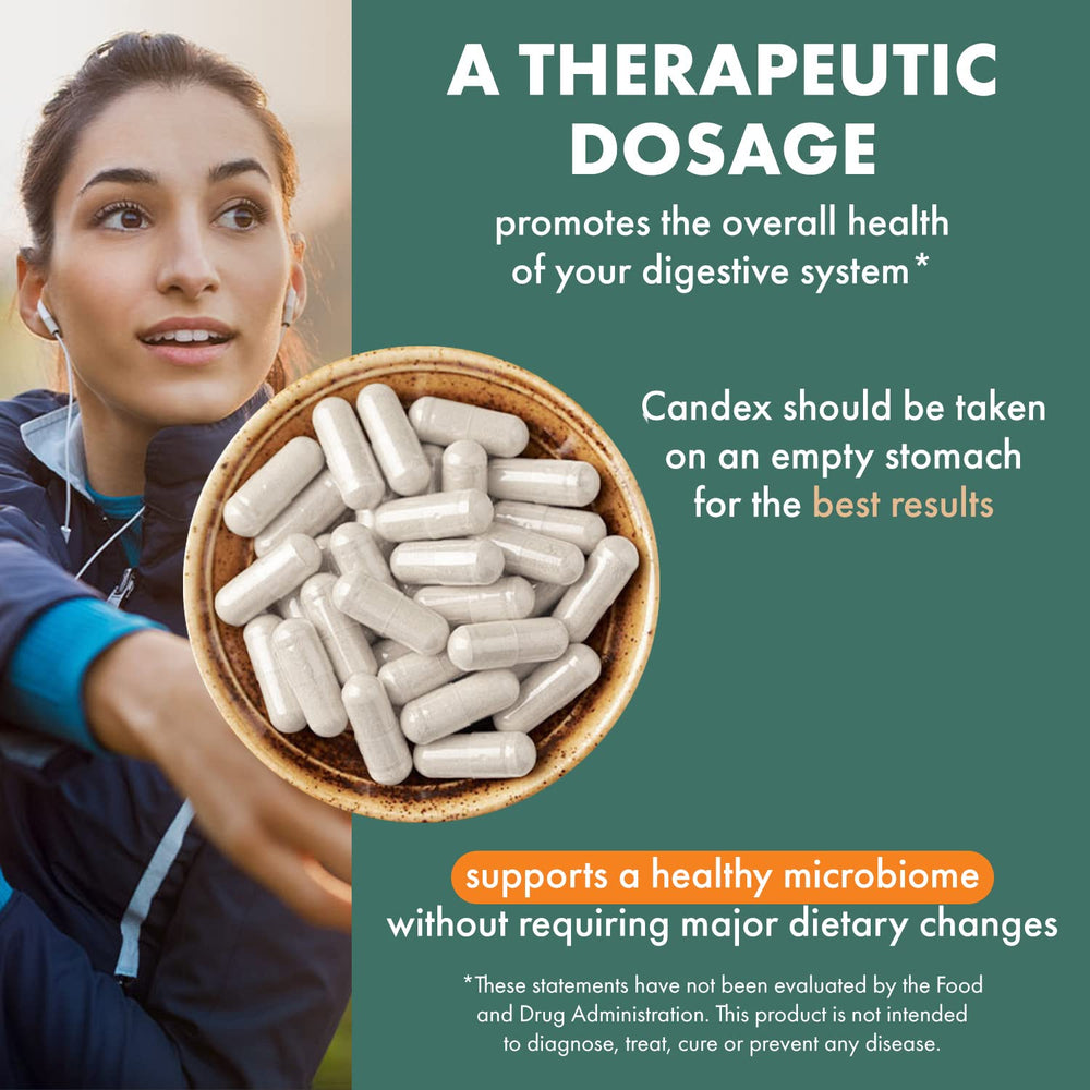 Candex enzymes bottle pour demonstrates convenient empty-stomach dosing between meals.
