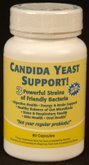 Candida Yeast Support bottle and capsules showing three probiotic strains for daily balance