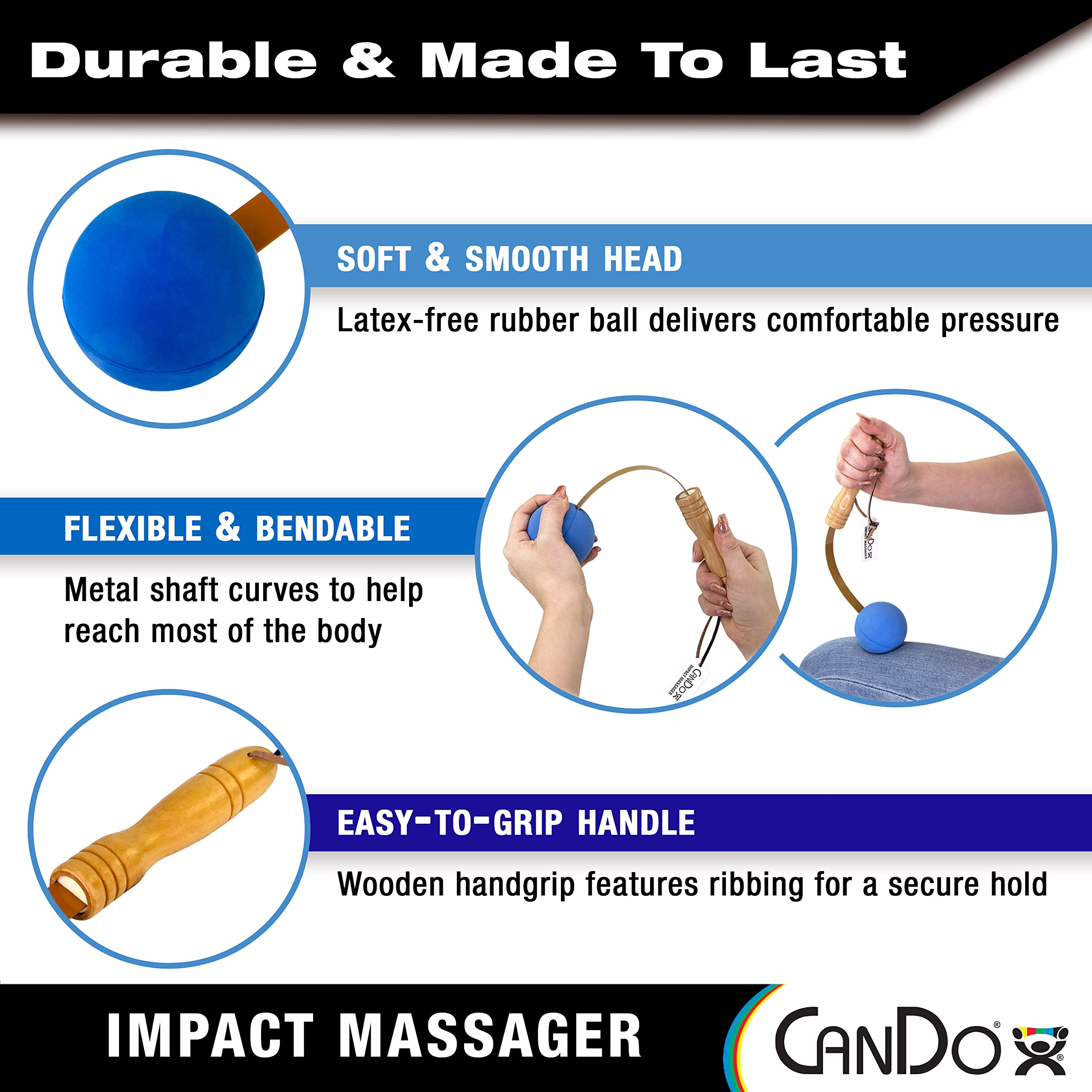 CanDo percussion massager with ergonomic wood handles improves grip during use.