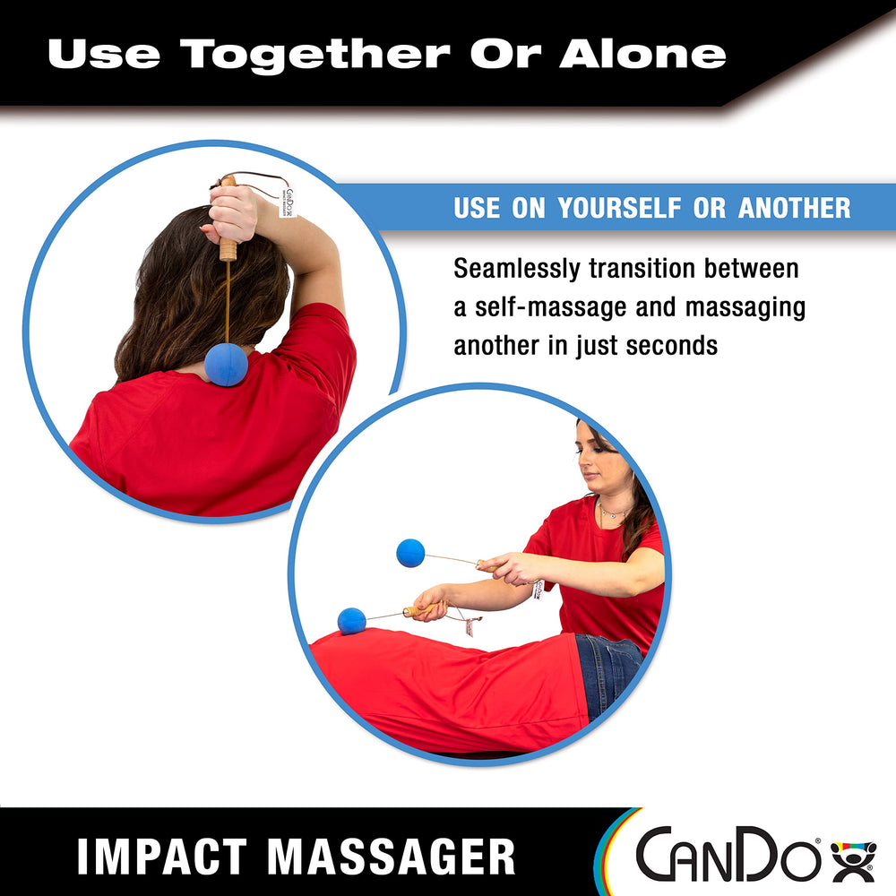 CanDo massager demonstrated for shoulder and neck relief using portable design.