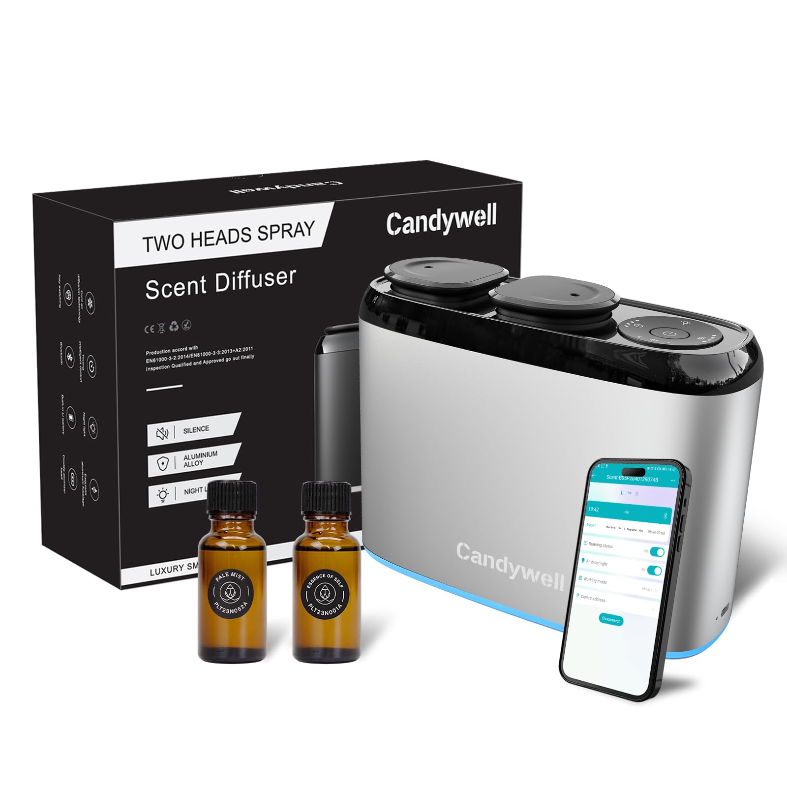 Candywell Smart Diffuser dual-nozzle setup enabling quick scent switching.