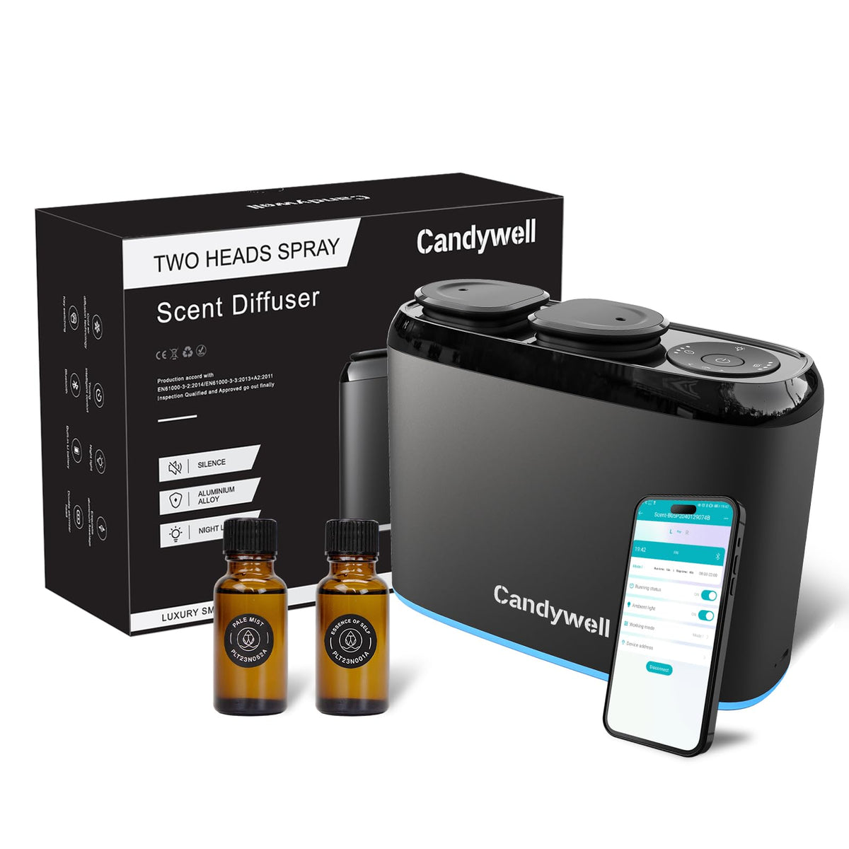 Candywell Smart Diffuser dual nozzle with two aroma bottles enabling quick scent swaps.