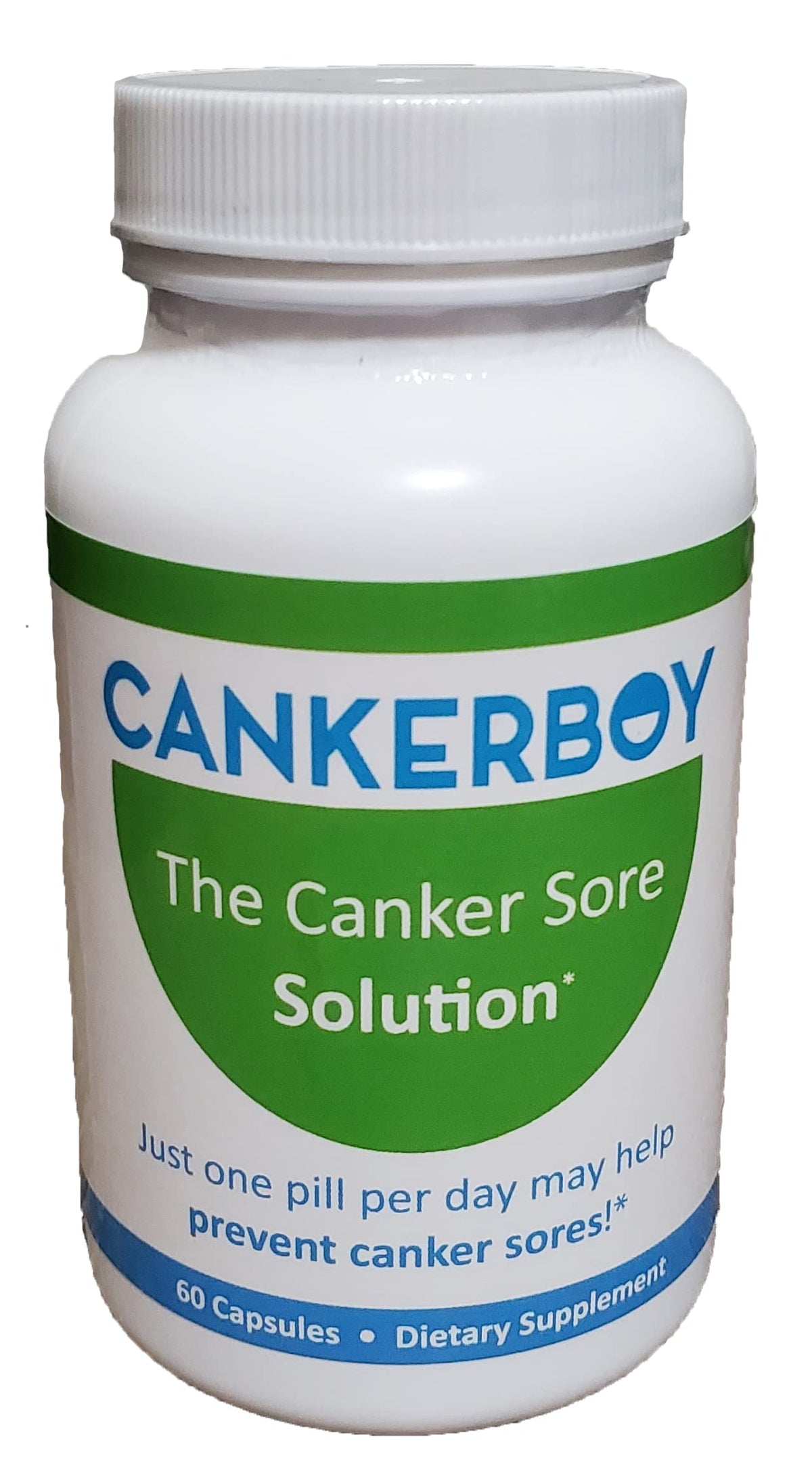 Cankerboy daily supplement bottle shown for convenient once-daily canker sore support