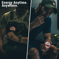 Cannadips Grape Energy Pouch beside a glass emphasizes 100 mg caffeine content