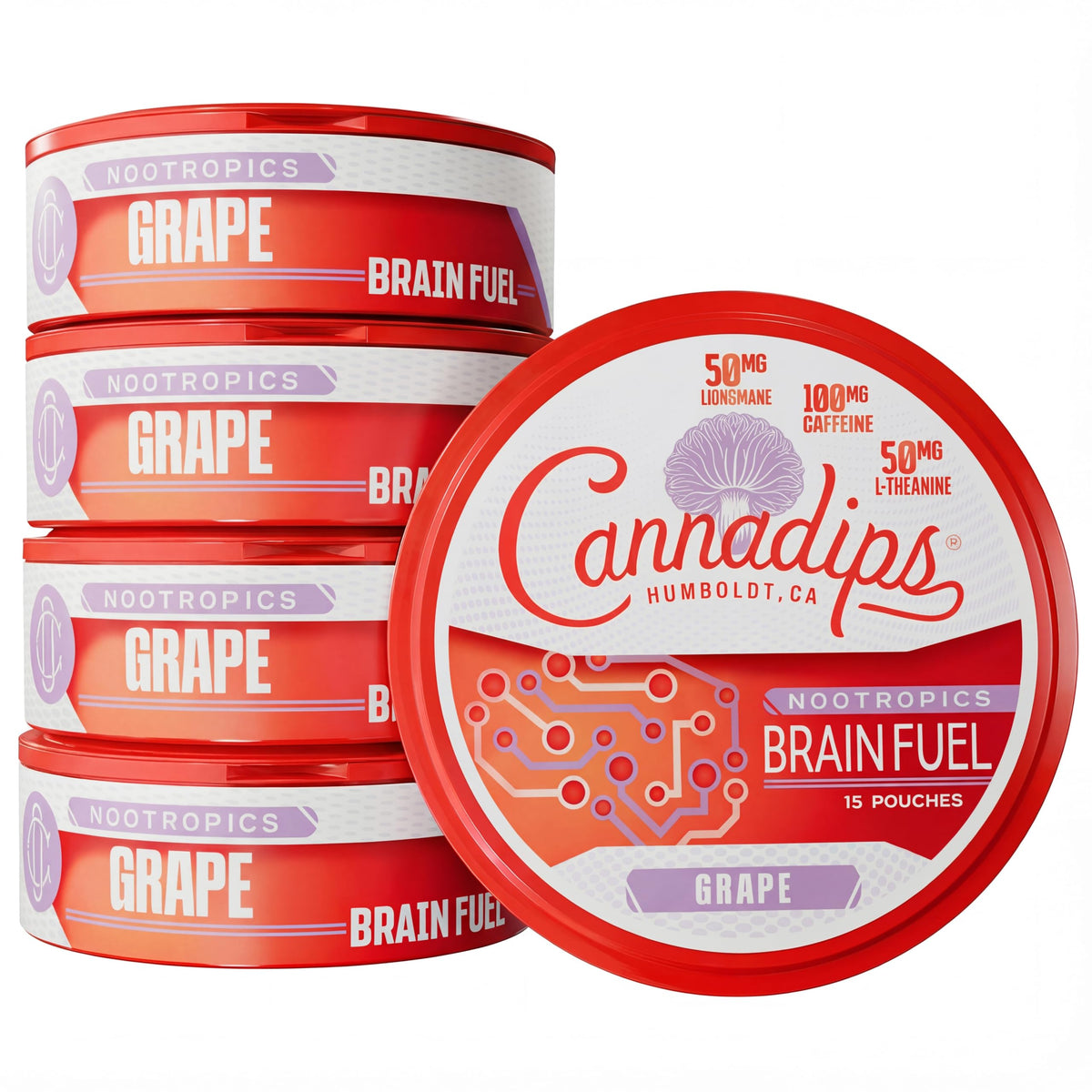 Cannadips Grape Energy Pouch front label highlights caffeine and Lion's Mane for focused energy