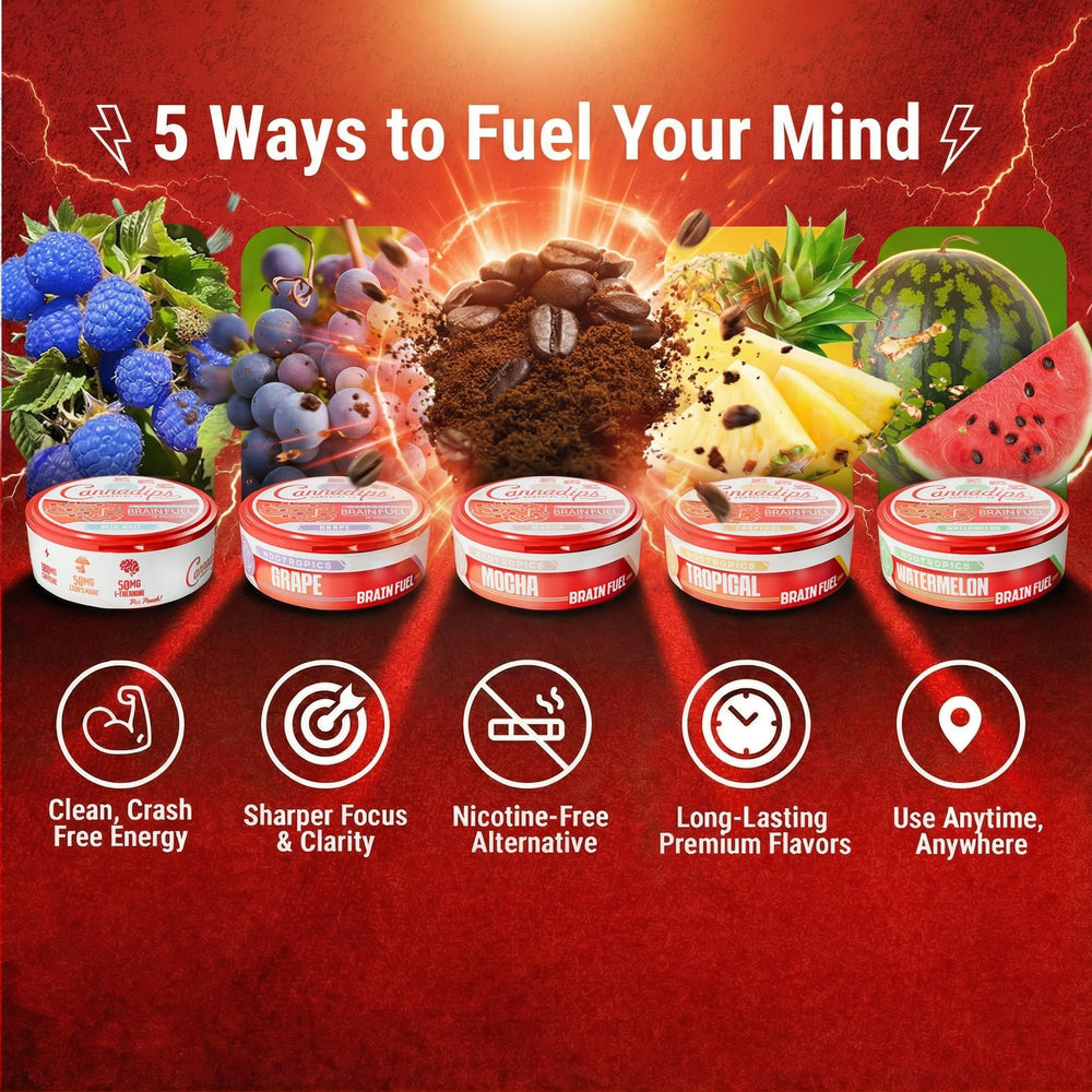 Cannadips Grape Energy Pouch label highlights no sugar feature