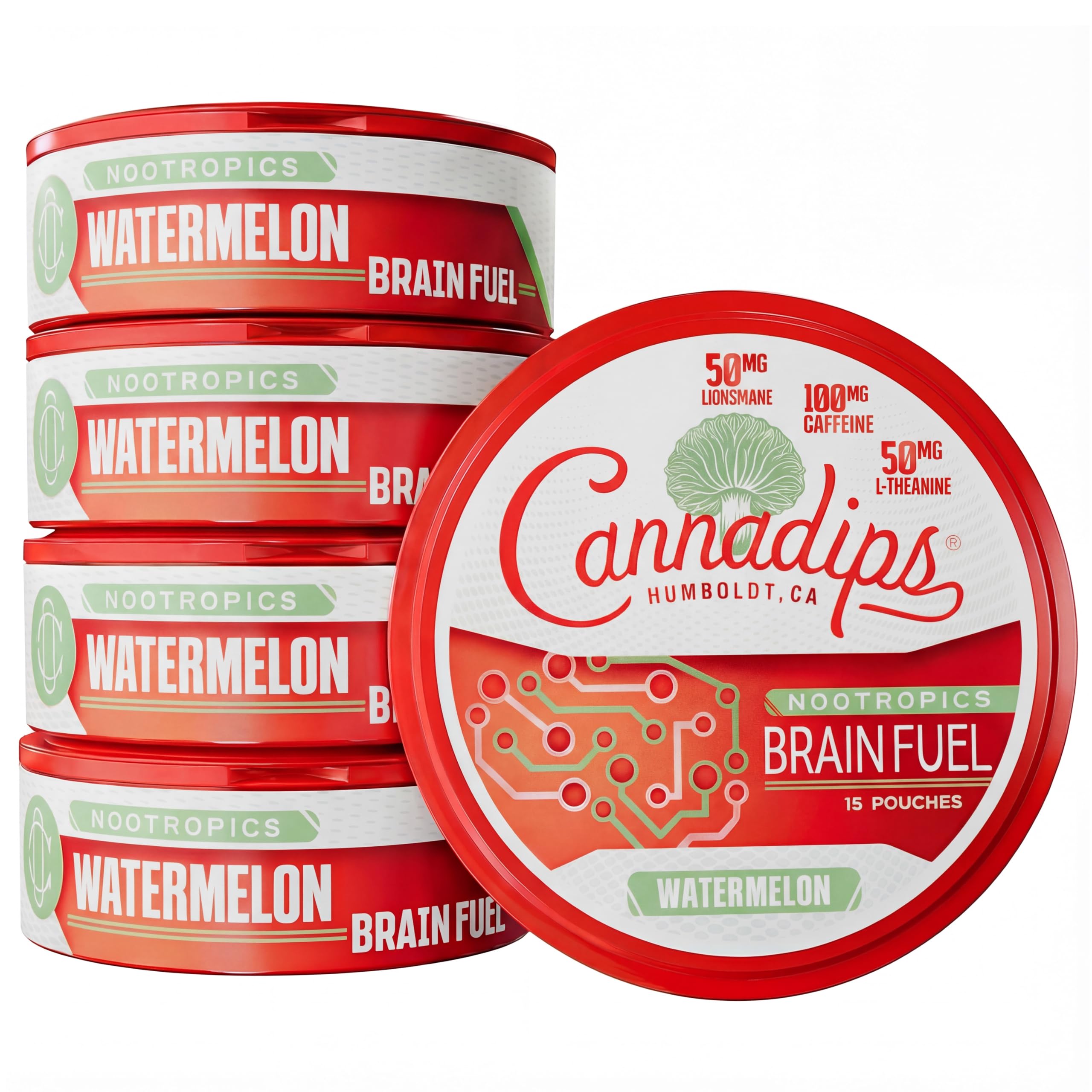 Cannadips Watermelon Energy Pouch front view highlights sugar-free, clean energy for on-the-go focus.