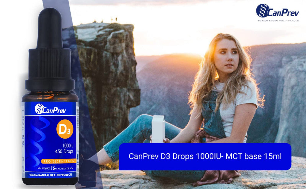 CanPrev D3 Drops label close-up highlighting daily vitamin D benefits.