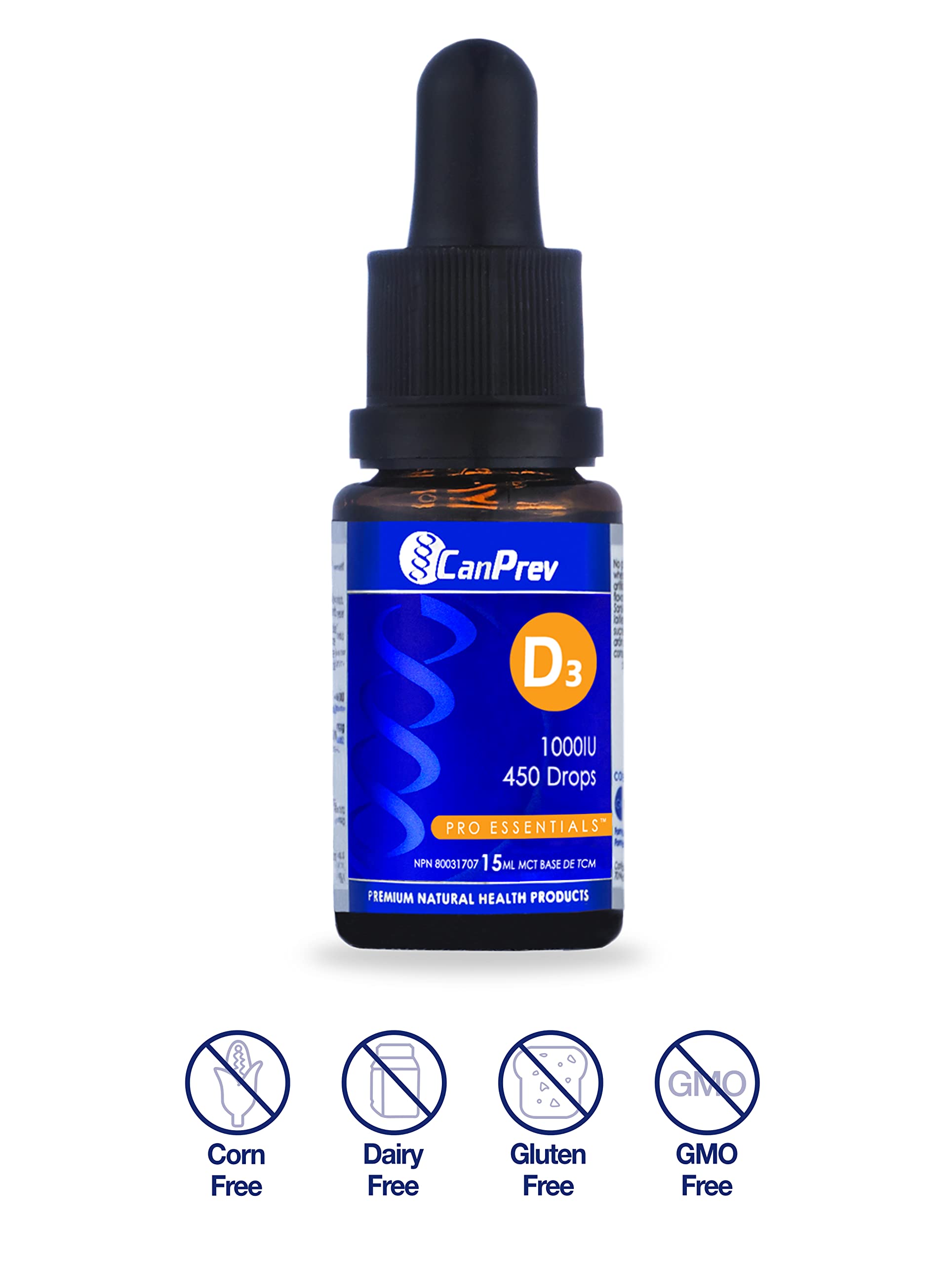 CanPrev D3 Drops liquid displayed in bottle with MCT oil base.