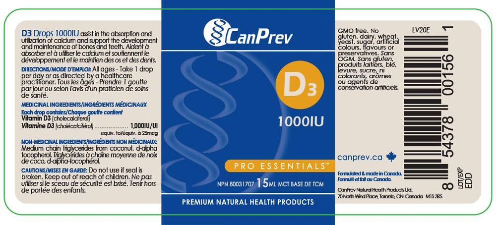 CanPrev D3 Drops packaging featuring brand and usage notes.