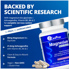 Label of CanPrev magnesium ashwagandha shows vegan, non-GMO formula with vitamins C.
