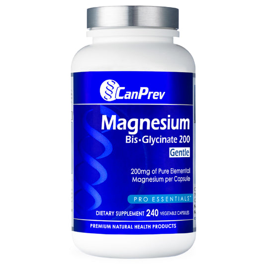 CanPrev Magnesium BisGlycinate 200mg bottle front view, highlighting gentle-on-stomach formulation.
