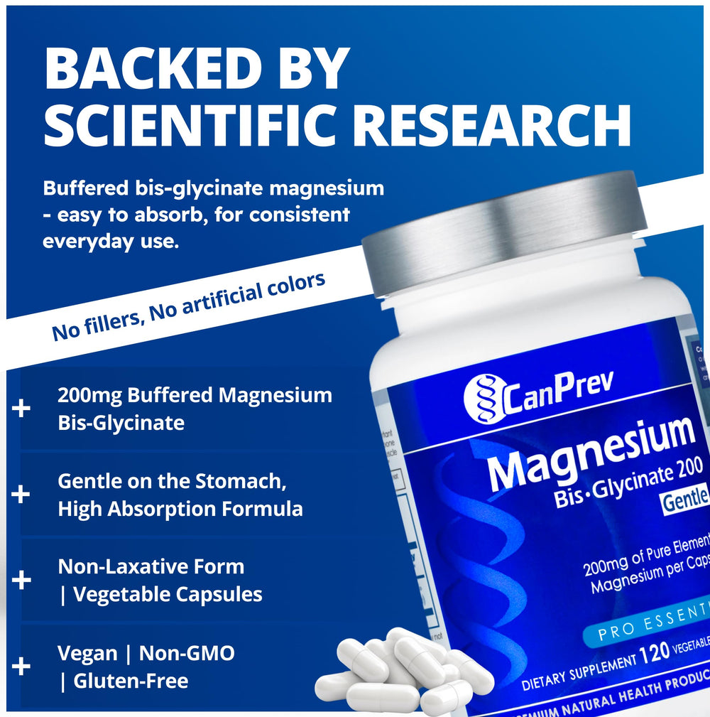 CanPrev Magnesium Bis-Glycinate 200mg bottle label closeup for quality formulation