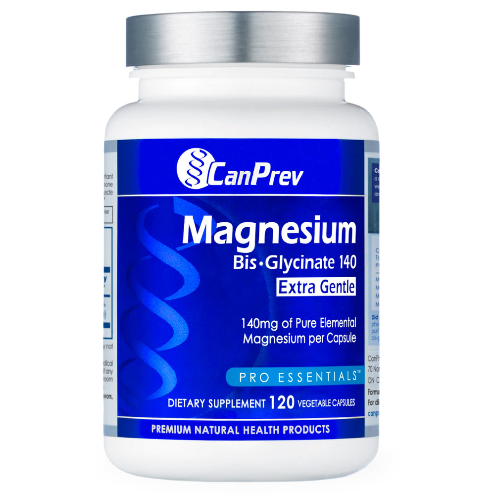 CanPrev Magnesium BisGlycinate Extra Gentle bottle front shows a daily supplement for bone and muscle support.
