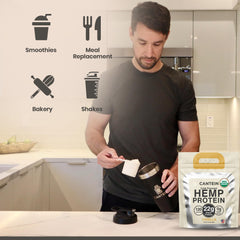 Cantein hemp protein powder texture closeup shows fine grains for smooth mixes