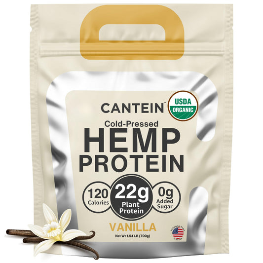 Cantein Organic hemp protein powder front label showing clean ingredients for a keto-friendly shake