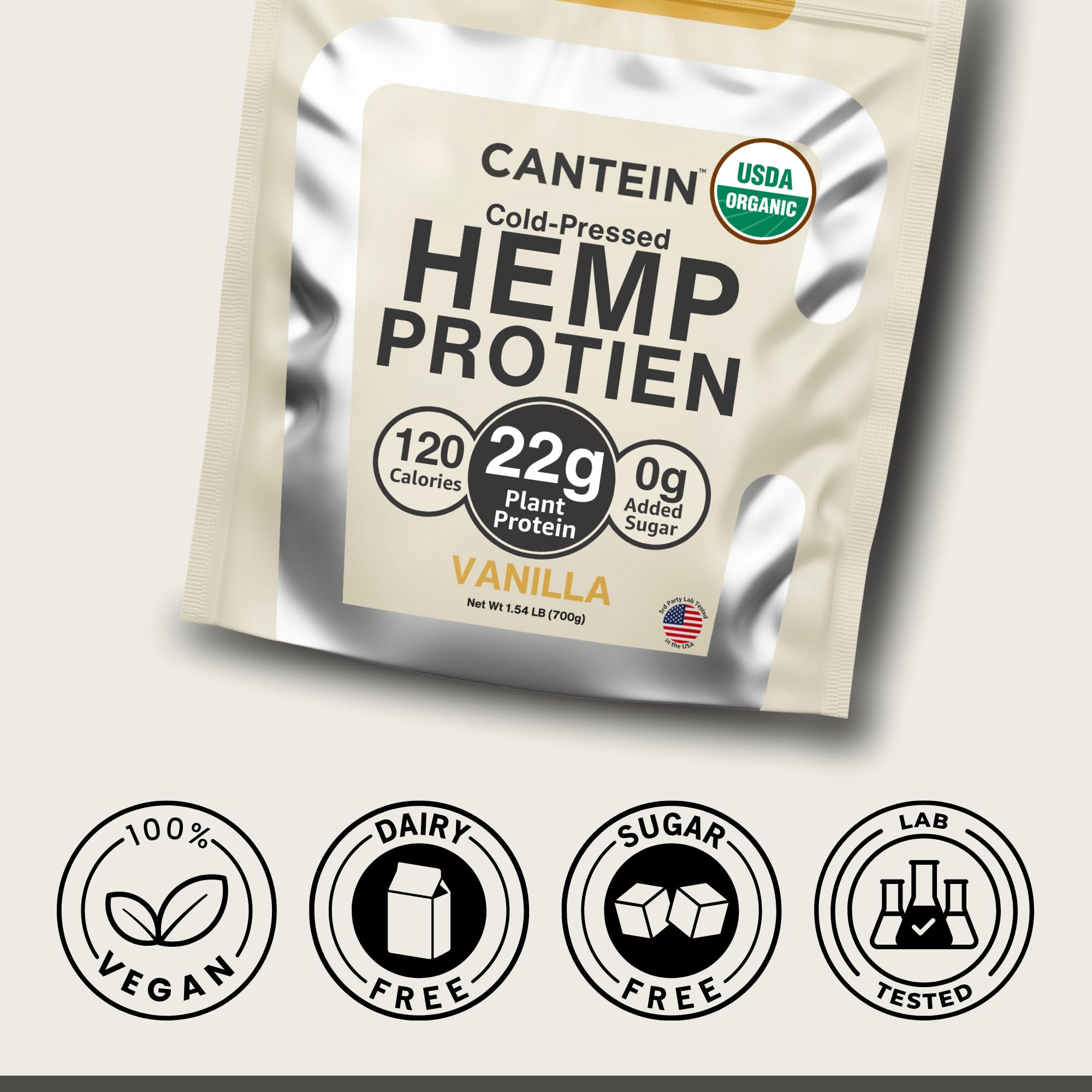 Cantein organic hemp protein powder packaging box communicates USDA Organic and non-GMO