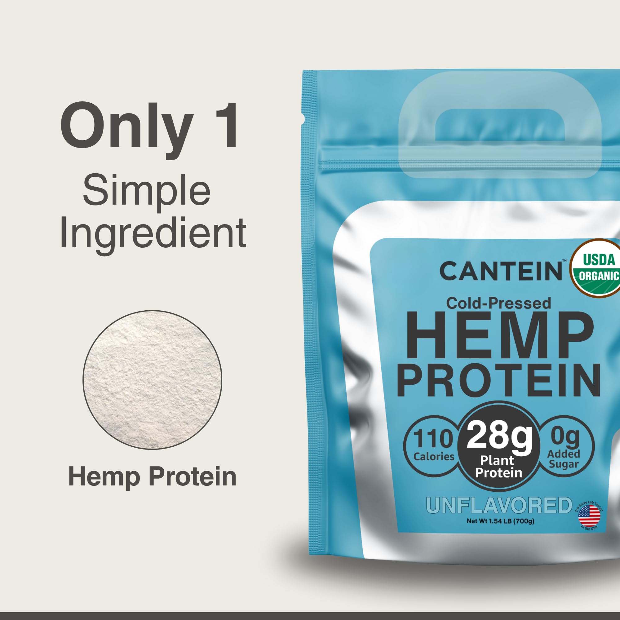 Cantein organic hemp protein powder pour illustrating easy blendability.