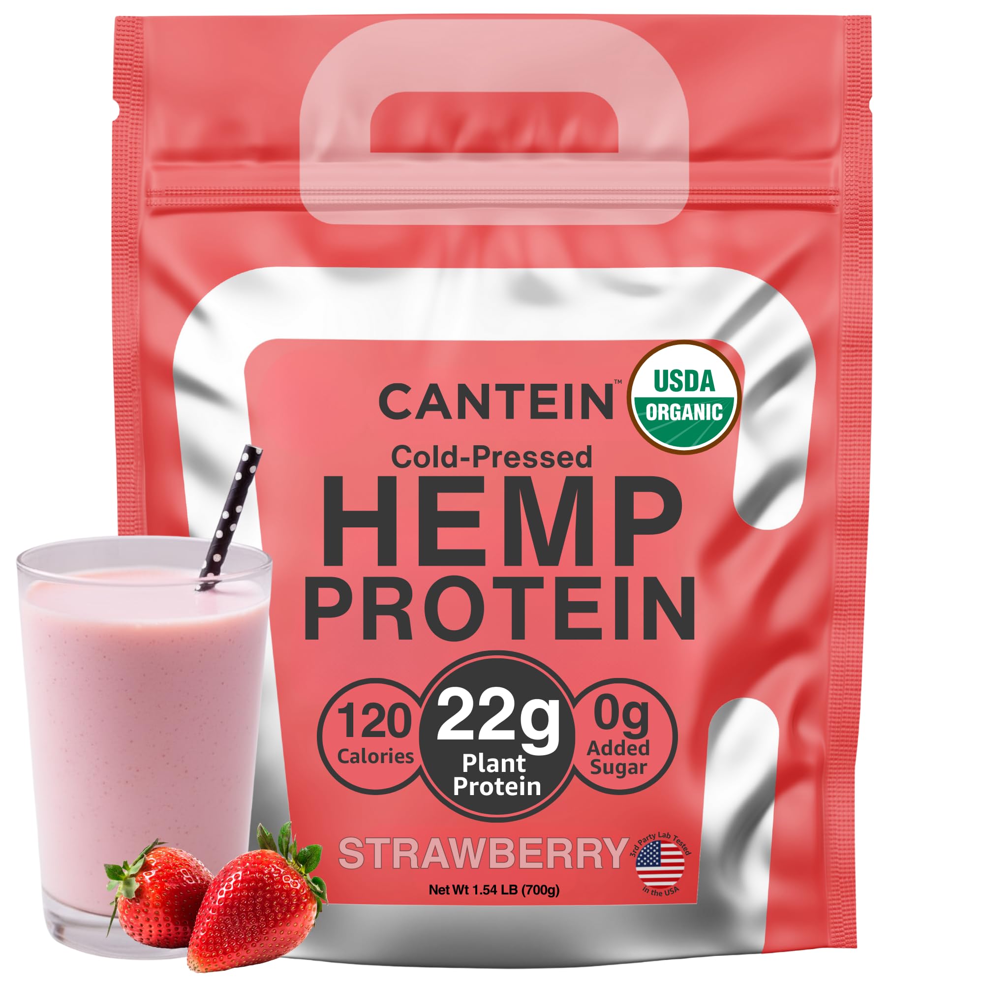 Cantein strawberry hemp protein label front highlights organic ingredients for clean daily nutrition.