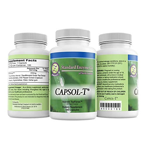 Capsol-T label close-up highlighting decaffeinated green tea and chili pepper formulas.