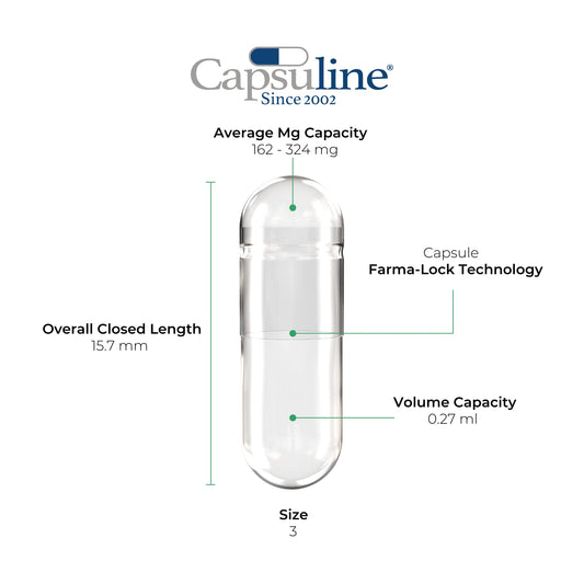 Capsuline empty size 000 capsules close-up showing clear shell.