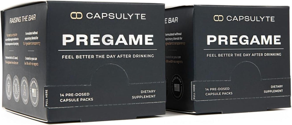 Capsulyte Pregame box front with pre-dosed packets for easy night-out use.