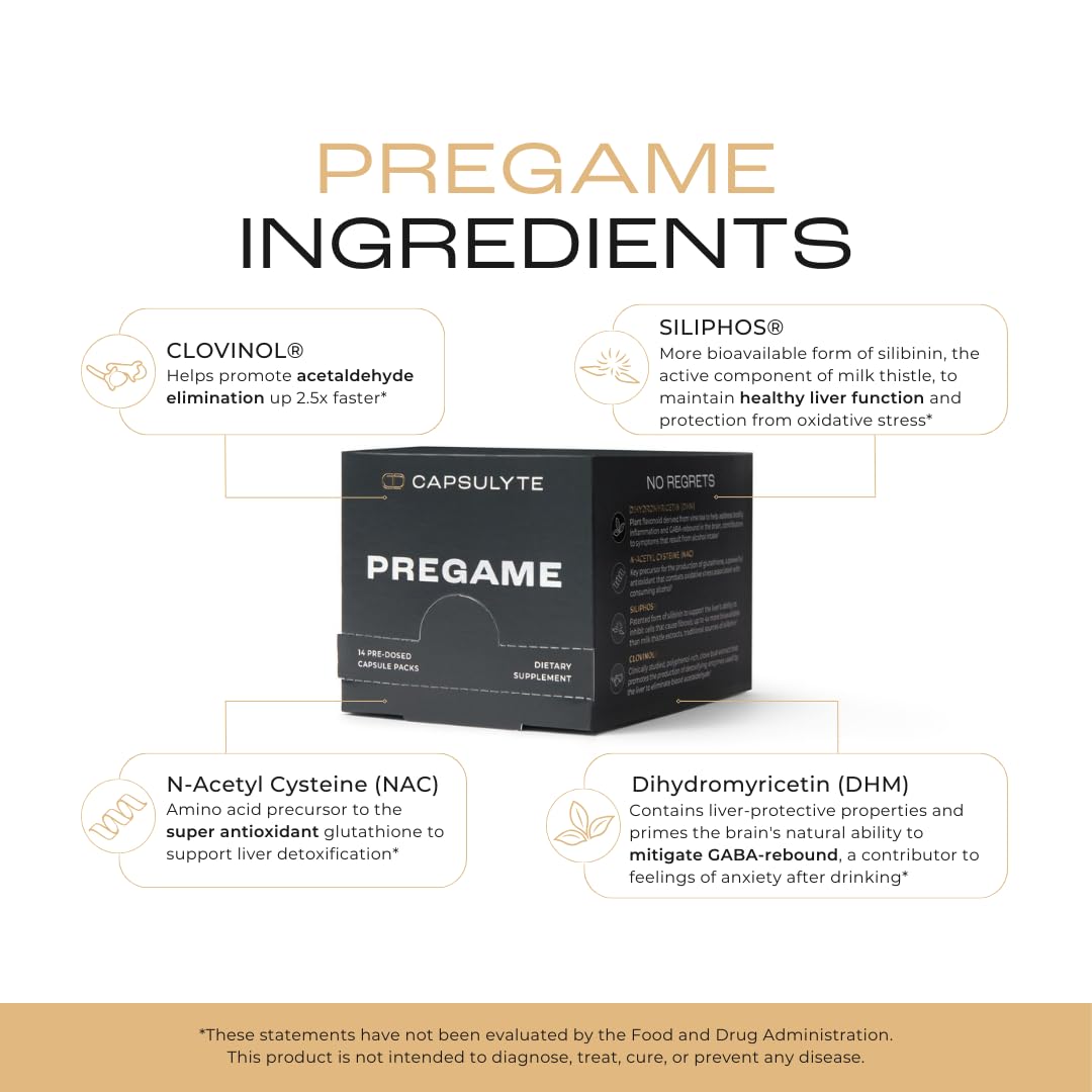 Capsulyte Pregame 14-dose supply packaging highlights daily use.