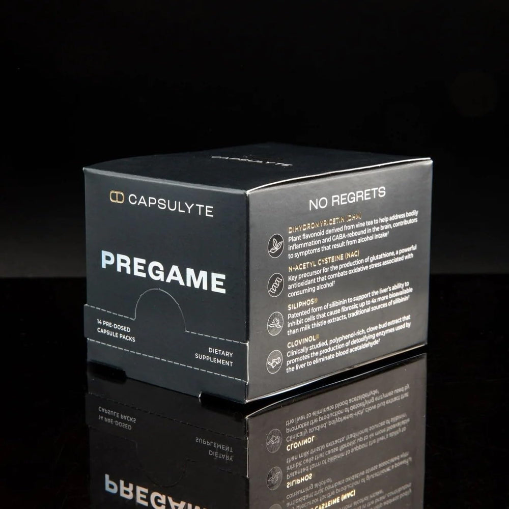 Capsulyte Pregame hydration pairing with water for nighttime use.