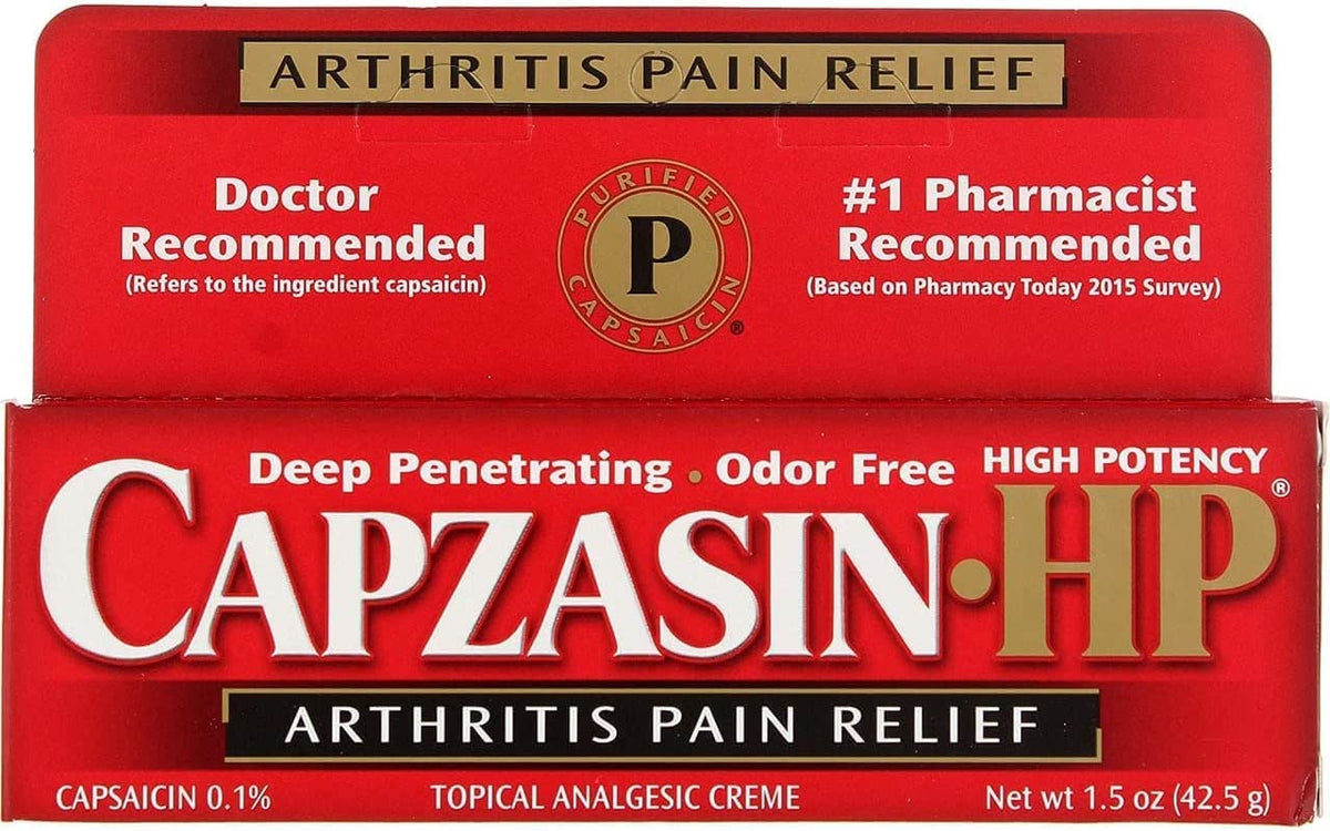 Capzasin HP arthritis pain relief cream bottle showing deep-penetrating formula for temporary relief