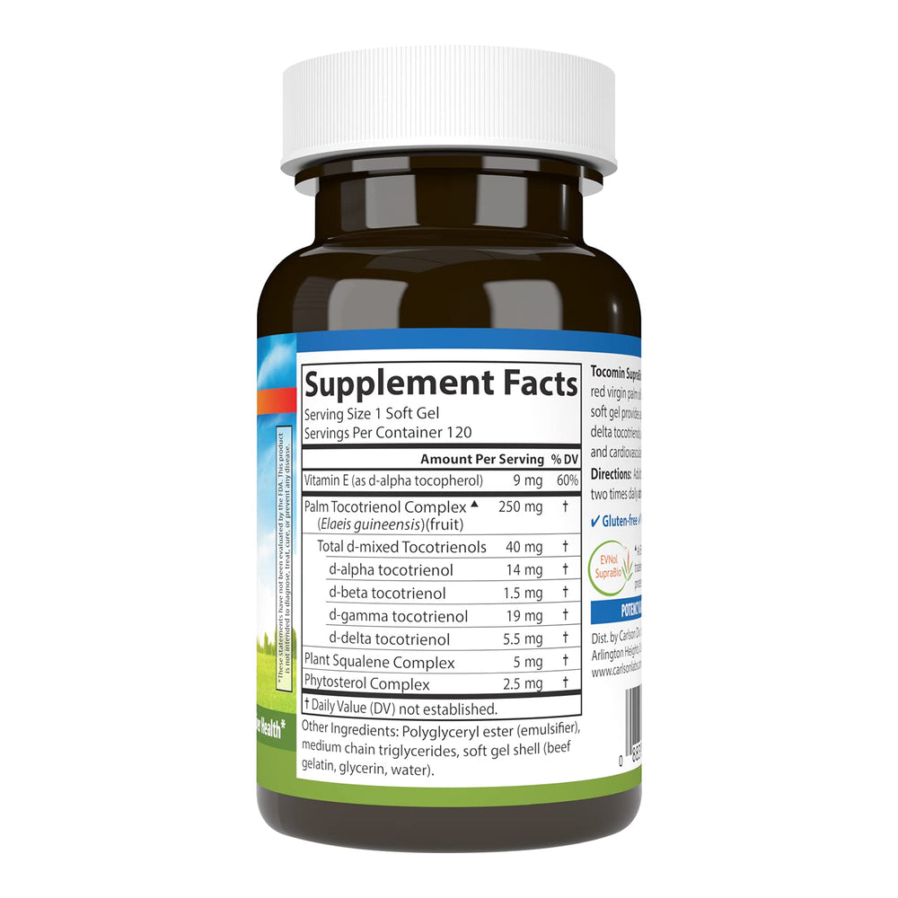 Carlson Tocomin SupraBio bottle label emphasizes purity and potency at a glance