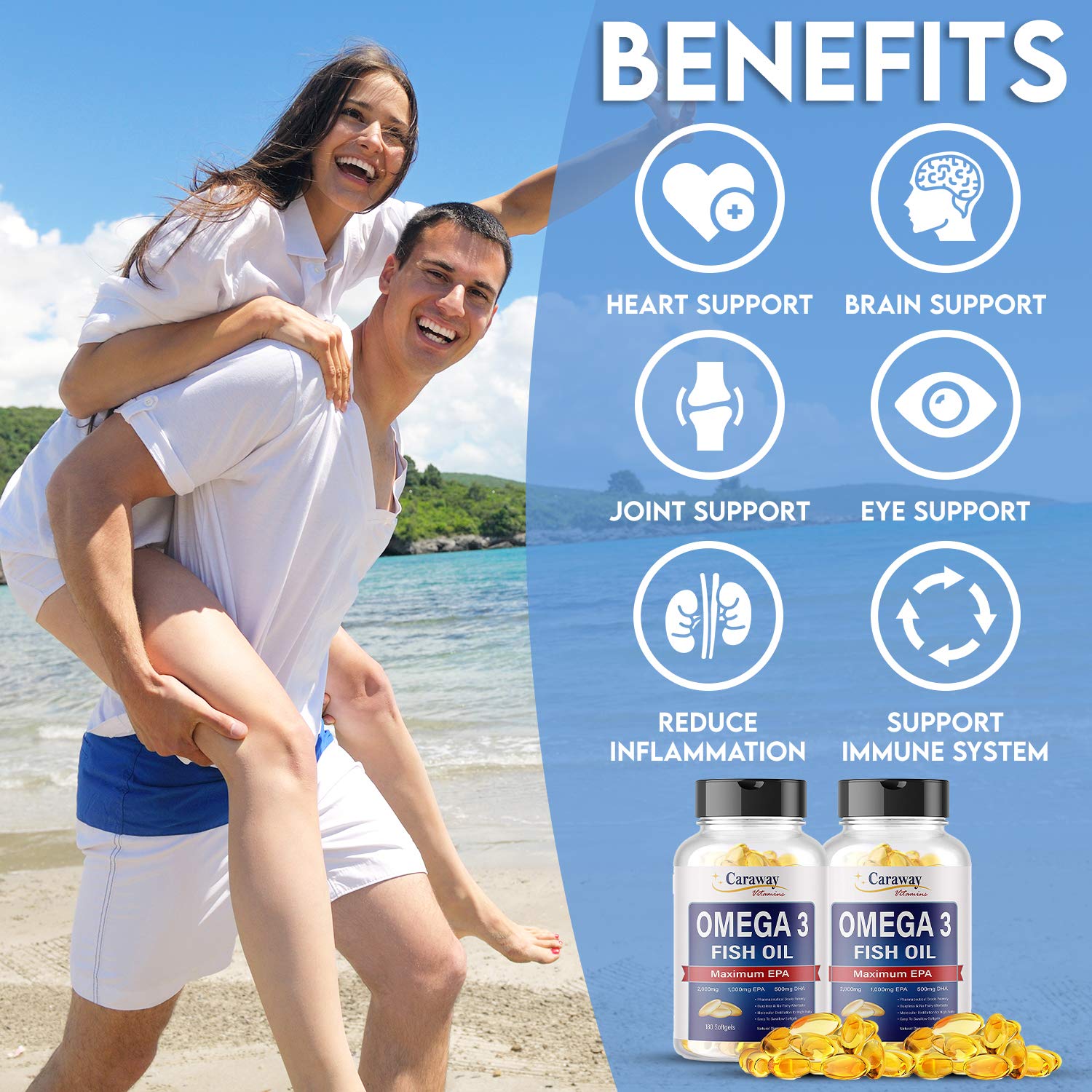Caraway Omega-3 softgels close-up, burpless and no fishy aftertaste.