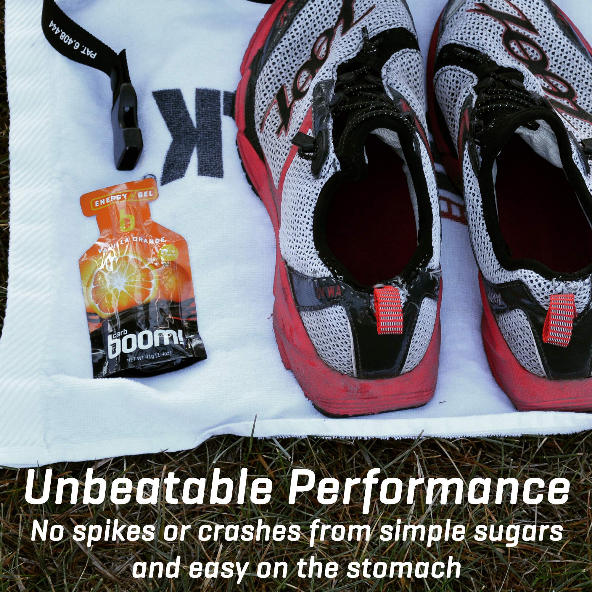 Carb Boom Banana Peach energy gel label closeup expresses clean ingredients.