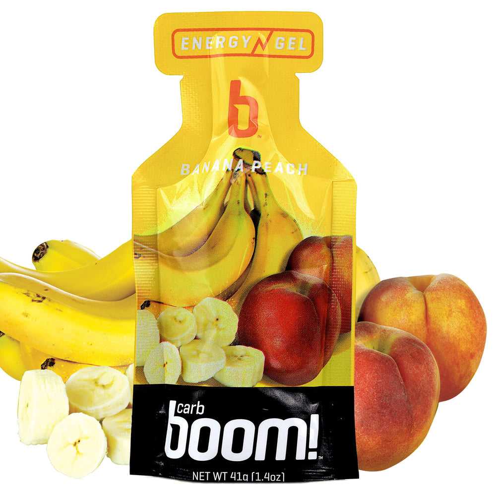 Carb Boom Banana Peach energy gel pack for on-the-go endurance fueling.