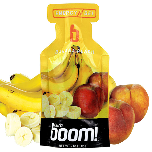 Carb Boom Banana Peach energy gel pack for on-the-go endurance fueling.