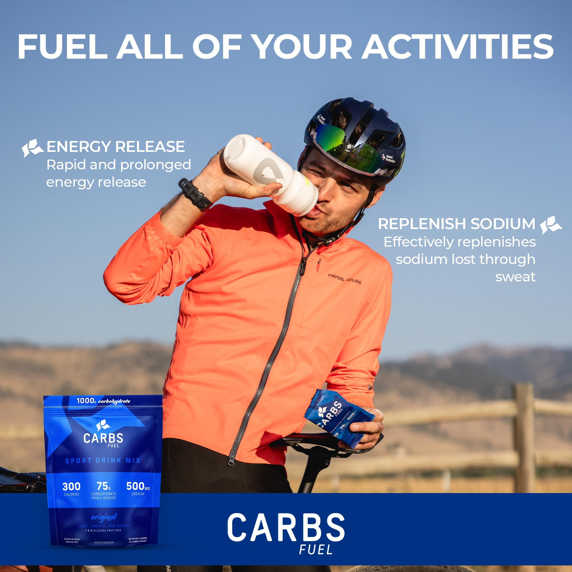 Carbs Fuel drink mix prepared in water bottle for race-day hydration