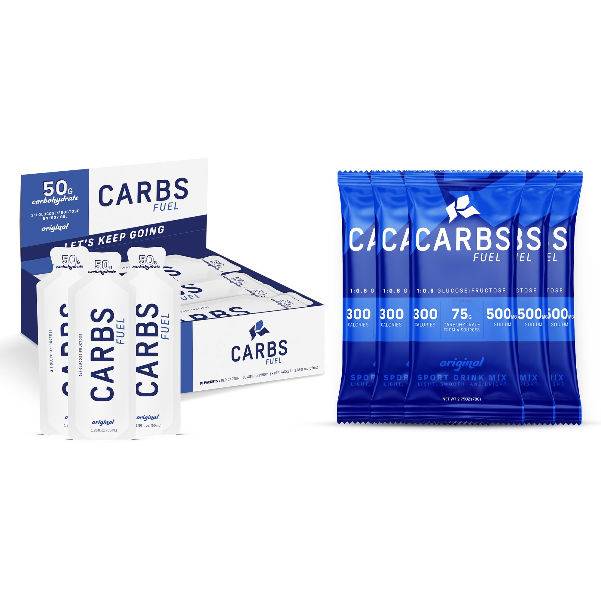 Carbs Fuel energy gel pack displaying 200 calories and 50 g carbs for mid-workout fueling