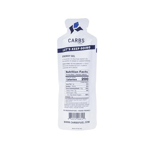 Vegan and gluten-free badge on Carbs Fuel Original gel package